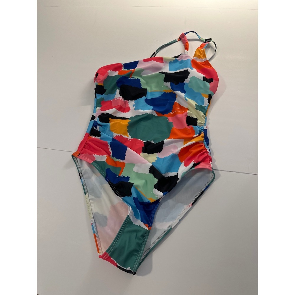 Abstract Print One Shoulder Ruched One Piece Swimsuit Women Size M